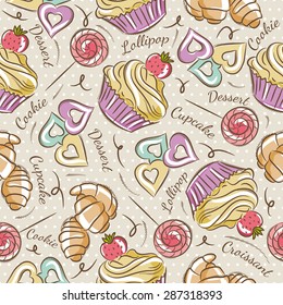 Background with cupcake, croissant and cookie.
Ideal for printing onto fabric and paper or scrap booking.