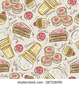 Background with cupcake, ice cream, cake and cookie.Ideal for printing onto fabric and paper or scrap booking.
