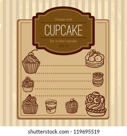 Background with cupcake and lace. Sweet Cupcake Set. Blue set of sweet cupcakes . Beautiful Vintage card with sweet cupcake. Retro style. Place for text. Isolated objects on grunge background.