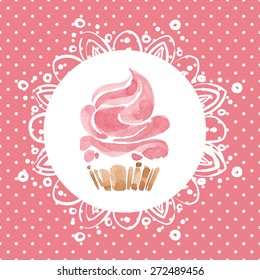 Background with cupcake and lace. vector illustration with watercolor cupcake