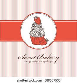 Background with cupcake and strawberry, hand drawn