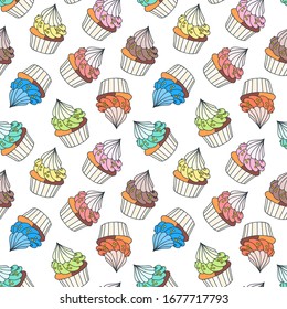 Background with cupcakes. Seamless colorful pattern of creamy cupcakes on a white background. Vector 8 EPS.