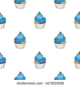 Background with cupcakes. Seamless doodle pattern of cupcakes decorated with blue cream on a white background. Vector 8 EPS.