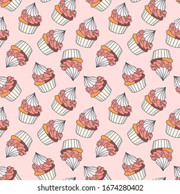 Antecedentes con quequitos. Diseño de garabatos cremosos en un fondo rosado. Vector 8 EPS.