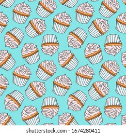 Antecedentes con quequitos. Tomas de doodle impecables de pastelitos decorados con crema rosa en un fondo azul. Vector 8 

EPS.