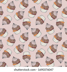 Background with cupcakes. Seamless doodle pattern of chocolate creamy cupcakes on a light brown background. Vector 8 EPS.