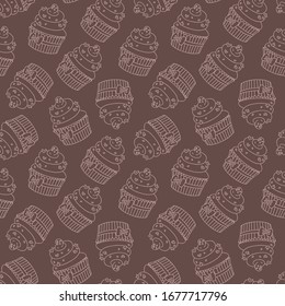 Hintergrund mit Cupcakes. Nahtlose, monochome Muster von Cupcakes, die mit Sahne und Herzen dekoriert sind. Vektorillustration 8 EPS.