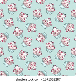 Background with cupcakes. Seamless pattern of cupcakes decorated with pink cream and hearts on light green background. Vector 8 EPS.