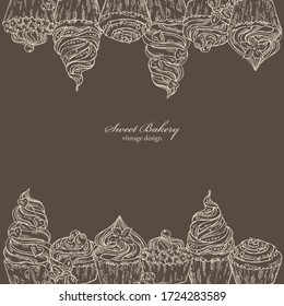 Antecedentes con pastelitos, panadería dulce. Ilustración dibujada a mano por vectores.