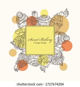 Background with cupcakes, sweet bakery. Vector hand drawn illustration.