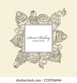Background with cupcakes, sweet bakery. Vector hand drawn illustration.