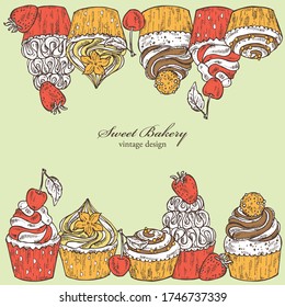 Hintergrund mit Kuchen, Süßbäckerei. Vector handgezeichnete Abbildung.