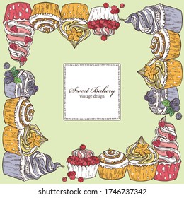 Background with cupcakes, sweet bakery. Vector hand drawn illustration.