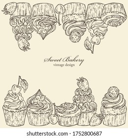 Antecedentes con pastelitos, panadería dulce. Ilustración dibujada a mano por vectores.