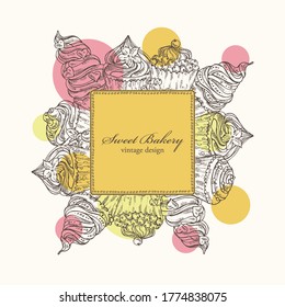 Background with cupcakes, sweet bakery. Vector hand drawn illustration.