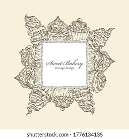Background with cupcakes, sweet bakery. Vector hand drawn illustration.