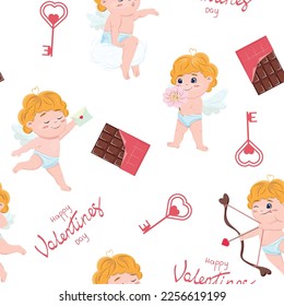 Background with cupid characters in different poses. Vector seamless pattern