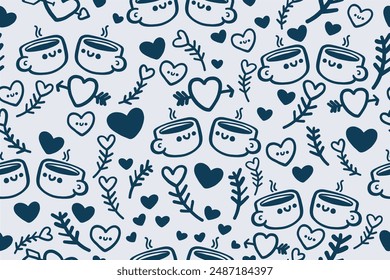Background from cups of coffee and hearts. Hand-drawn pattern on the theme of coffee or tea drinking, cute hearts.