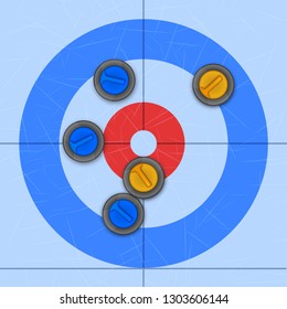 Background of Curling Sport arena. Stones on ice rink. Technical scheme of top view. Vector Illustration