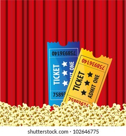 background Curtain movie with popcorn and movie tickets