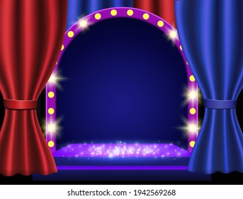 Background with curtain, podium and retro arch banner. Design for presentation, concert, show. Vector illustration