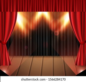 Background with curtain and spotlight on wooden floor. Vector illustration