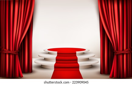 Background with curtains and red carpet leading to a podium. Vector.