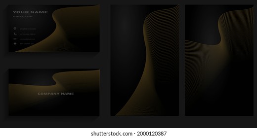 Background with curved gold abstract lines and text on the left for business cards, visiting cards, covers, banners, posters