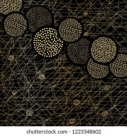 Background with curved lines, black and gold geometric figures. Vector illustration.