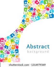 Background with curved shape made of colored hands. Abstract vector illustration