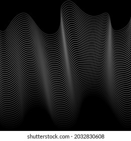 Background of curved white lines on a black background. Waves from lines.