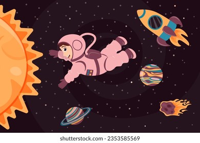 Background with cute astronaut, rocket, planet and meteorite in cartoon style. Space travel. Cosmic children's background. Vector illustration.