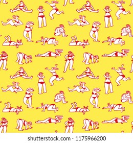 Background with cute beach girls. Seamless pattern with doodle woman character sunbathing. Female figures. Vector illustration in sketchy style for textile, surfaces, backdrops