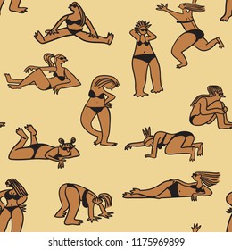 Background with cute beach girls. Seamless pattern with doodle woman character sunbathing. Female figures. Vector illustration in sketchy style for textile, surfaces, backdrops