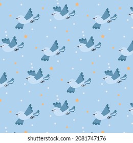 Background cute birds fly on the sky with many stars concept.