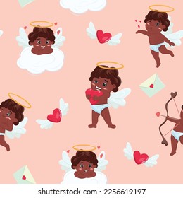 Background with cute black cupid characters, hearts and envelope on pink background.