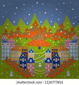 Background with cute buildings on blue, green, orange and brown colors. Vector illustration. Colorful houses.