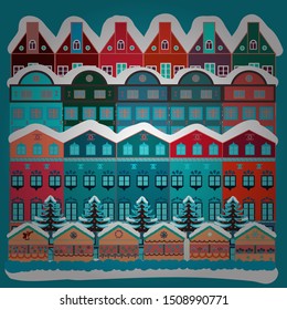 Background with cute buildings on blue, pink and white colors. Vector illustration. Colorful houses.