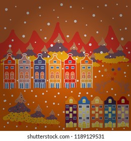 Background with cute buildings on orange, red and yellow colors. Vector illustration. Colorful houses.