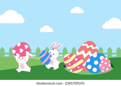 A background of cute bunnies with Easter eggs on a green field and blue sky.