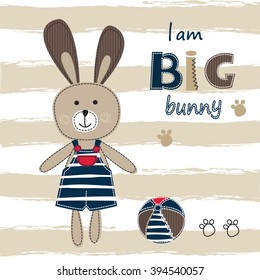Background with cute bunny boy, ball and lettering