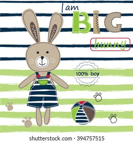 Background with cute bunny boy, ball and lettering