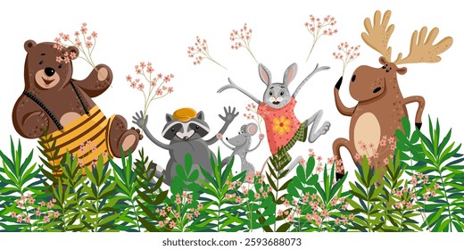 Background with cute cartoon animals and plants . Vector illustration