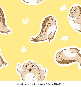 Background with cute cartoon baby Seal, hand drawn Harp Seal Pup. Graphic print for t-shirt. Vector seamless pattern for fashion prints.