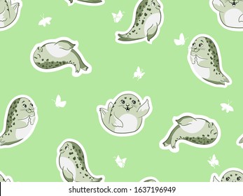 Background with cute cartoon baby Seal, hand drawn Harp Seal Pup. Graphic print for t-shirt. Vector seamless pattern for fashion prints.