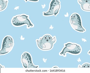 Background with cute cartoon baby Seal, hand drawn Harp Seal Pup. Graphic print for t-shirt. Vector seamless pattern for fashion prints.