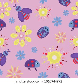 Background of cute cartoon characters. Beetles, sun and flowers. 