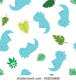 Background with cute cartoon dinosaur. Seamless pattern for kids fashion fabric, textile, wallpaper, packaging design, kids party decor.