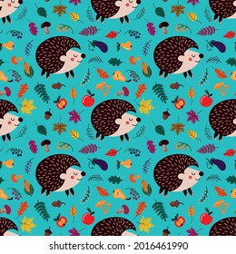Background of cute cartoon hedgehogs among autumn leaves and fruits with mushrooms on blue background 