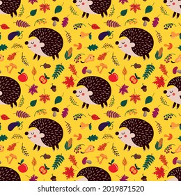 Background of cute cartoon hedgehogs among autumn leave and fruits with mushrooms on yellow backdrop